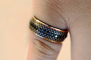 Mens Crisscross Pattern Diamond Ring, Black Diamond Ring, Ribbon Pattern Ring Band, Black Diamond Rose Gold Ring, Mens Samurai Armor Ring.
