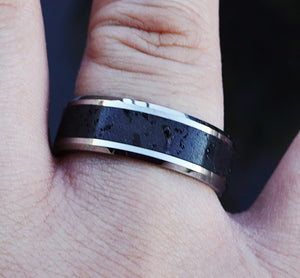 Personalized Black Lava Rock Tungsten Wedding Ring, Lava Rock Wedding Ring, Men's Lava Rock Volcano Ring, Black Lava  Stone Ring - 8mm.