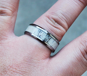 Personalized Engraved Black Deer Antler Inlay Tungsten Ring, Real Actual Deer Antler Wedding Ring, Stag Antler Ring, Doe Antler Band - 8mm.
