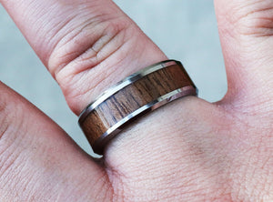 Personalized Black Walnut Wood Inlay Wedding Ring, Mens Black Walnut Wood Tungsten Carbide Wedding Band, Mens Wooden Ring - 8mm.