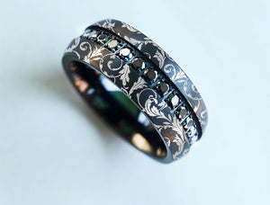 Black Tungsten Ring with Black Diamonds and Victorian Pattern Engraved FIligree Pattern, Leaves Leaf Intricate Pattern Diamond Ring - 8mm.