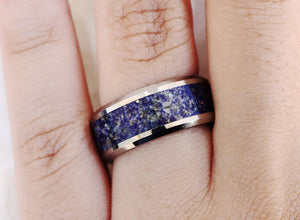 Personalized Men’s Polished Tungsten Wedding Band With Blue Lapis Inlay & Beveled Edges, Blue Lapis Wedding Ring - 8mm.