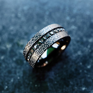 Black Cloud Pattern Engraved Ring, Mens Black Diamond Anime Ring, Beveled Titanium Ring, Black Diamond Wedding Ring, Cloud Tungsten Ring.