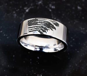 Distressed American Flag Wedding Band, American Patriot Ring, American Flag Engagement Ring, USA United States Flag, American Eagle Ring.