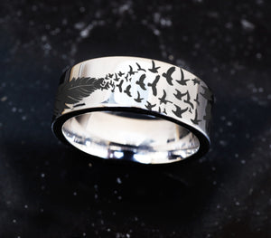 Love Birds Wedding Ring, Love Birds Wedding Band, Moon Engagement Ring, Nature Lover Wedding Promise ring, Flock of Birds Jewelry, Bird Ring.