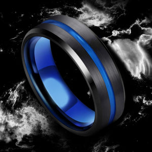 Thick Blue Groove Lines Tungsten Wedding Band, Brushed Black Beveled Ring, Brushed Engagement Ring, Thin Blue Grove Line Wedding Ring.