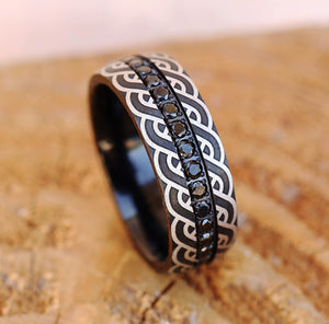 Black Tungsten Ring Black Diamonds Detailed Repeating Celtic Knot Markings, Traditional Celtic Design Ring, Irish, Scottish Gaelic - 8mm.