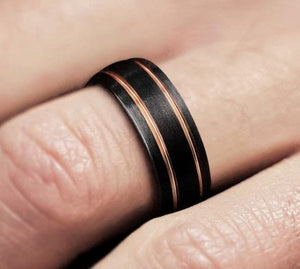 Gold Groove Lines Tungsten Wedding Band, Brushed Black Tungsten Ring, Domed Brushed Engagement Ring, Thin Gold Grove Line Wedding Ring.