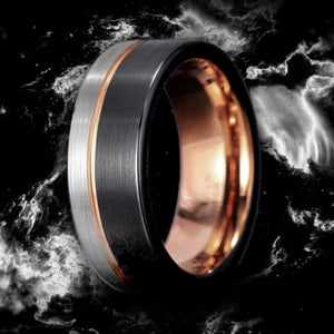 Silver Black Rose Gold Groove Line Tungsten Wedding Band, Brushed Black Beveled Ring, Brushed Engagement Ring, Thin Line Wedding Ring.
