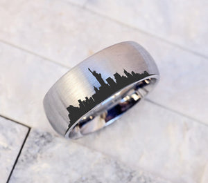 New York Skyline Wedding Ring, City Skyline Domed Brushed Wedding Band, NYC Gift Ring, New Yorker Engagement Ring Proposal Ring.