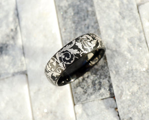 Black Leaf Pattern Ring, Leaf Filigree Pattern Wedding Band, Victorian Classic Style Wedding Ring, Detailed Intricate Filigree - 8mm.