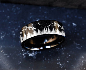 Nature Landscape Mountain Range Wedding Band, Forest Engagement Ring, Mountain Ring, Forest Wedding Ring, Outdoor Wedding Ring, Tree Ring.