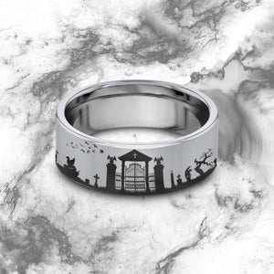 Gothic Wedding Band, Cemetery Wedding Ring, Emo Wedding Gift, Bats Ring, Dark Medieval Ring, Halloween Ring, Halloween Jewelry, Goth Ring.