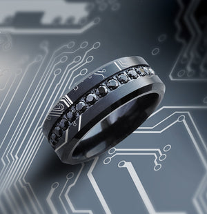 Black Tungsten Black Diamond Wedding Ring with Circuit Board Engraving, Circuit Ring, Computer Science Jewelry, Black Diamond Ring - 8mm.