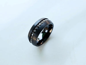 Mens Black Diamond Ring, Domed Black Diamond Ring, Black Sapphire Ring Band, Brushed Center Black Diamond Wedding Ring, Mens Tungsten Ring.