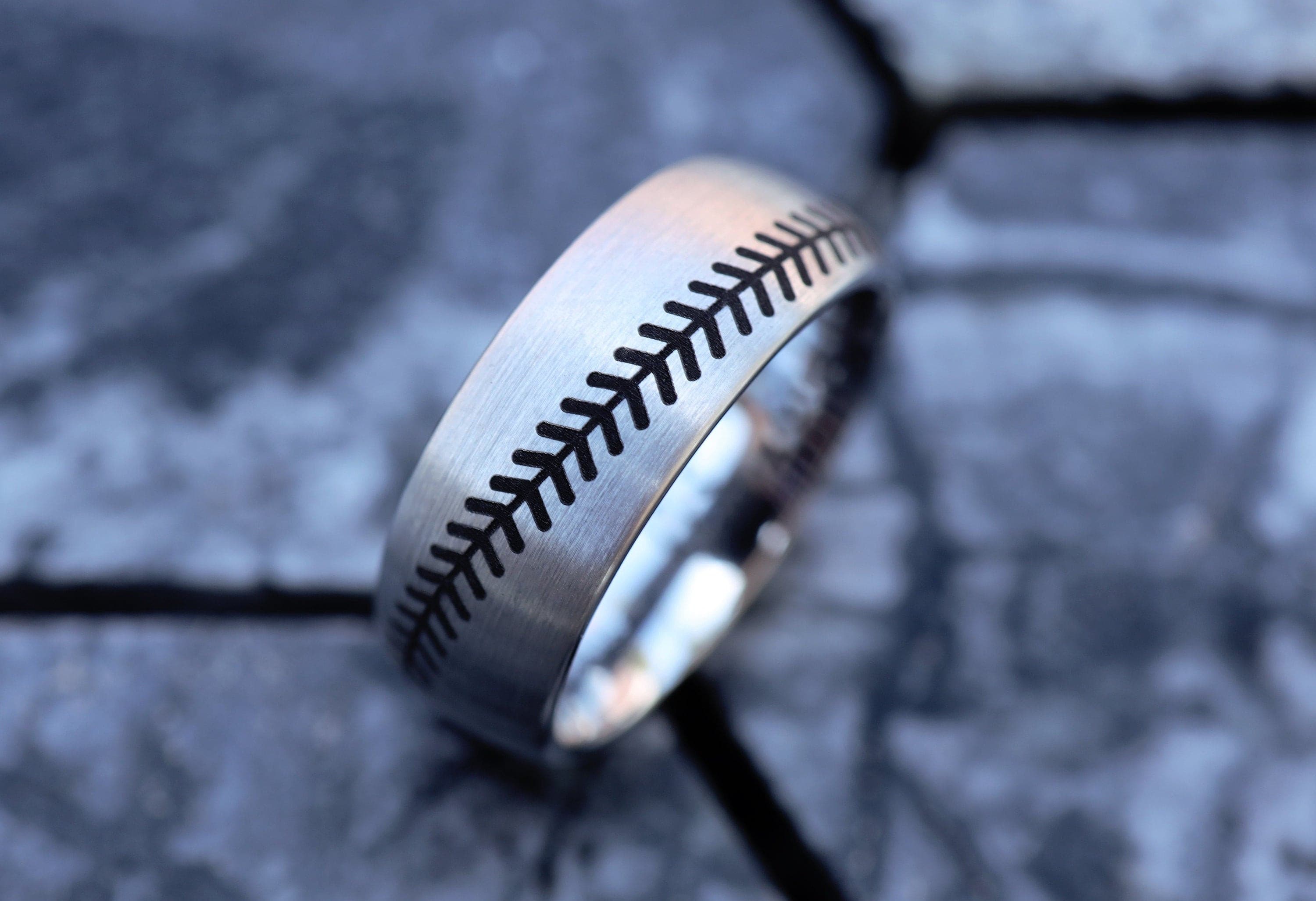 Mens wedding band on sale with baseball stitching