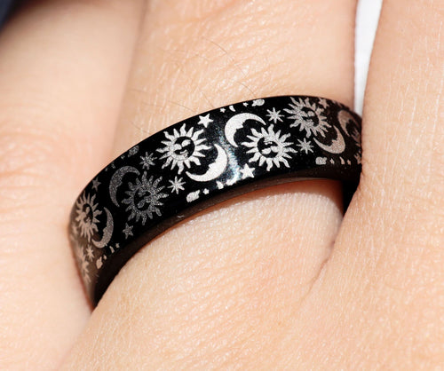 Stars Wedding Band, Crescent Moon Wedding Ring, Twinkle Stars Engagement Ring, Sun Moon Celestial Symbol Proposal Ring, Sun Moon Jewelry