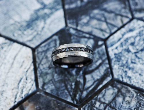 Black Diamond Tungsten Carbide Ring With Brushed Hammered Finish, Modern Rock Hammer Texture Band, Stone Texture Black Diamond Band - 8mm