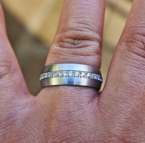 Diamond & Silver Tungsten Carbide Men's Wedding Band with Personalized Engraving