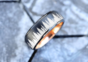 Open image in slideshow, Nature Landscape Mountain Range Wedding Band, Tree Forest Wedding Band, Mountain Ring, Forest Wedding Ring, Outdoor Engagement Ring,
