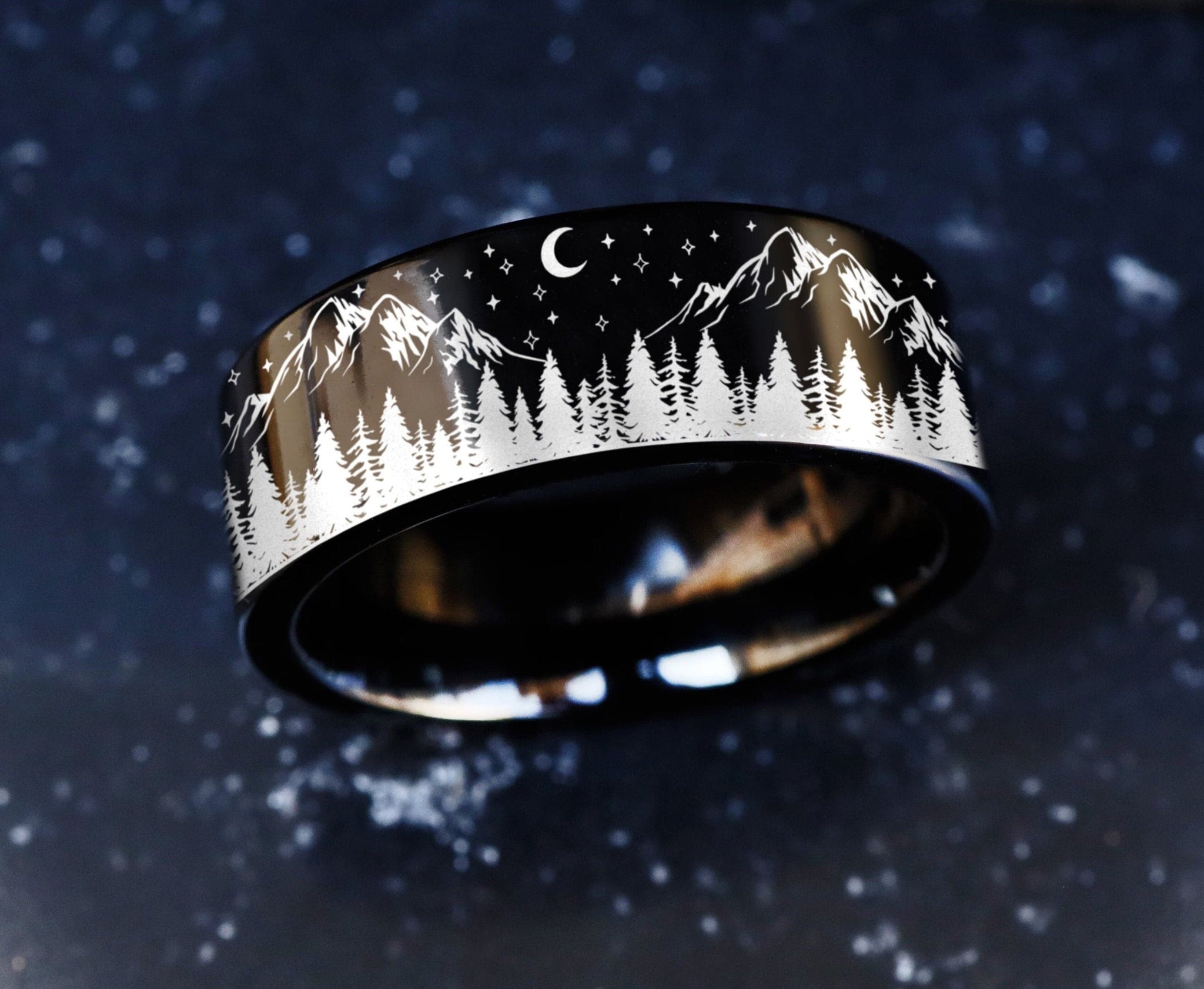 Womens mountain ring, Crescent moon ring, Men Silver Band, Landscape Ring, Nature Ring, Stars deals Ring, Milky Way, Hiking Ring, Birthday Gift