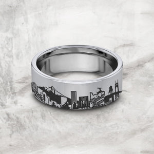 Open image in slideshow, Oregon Wedding Band, Oregon Skyline Wedding Ring, Portland Oregon City Ring, Skyline Gift, Skyline Jewelry Skyline Promise Ring.
