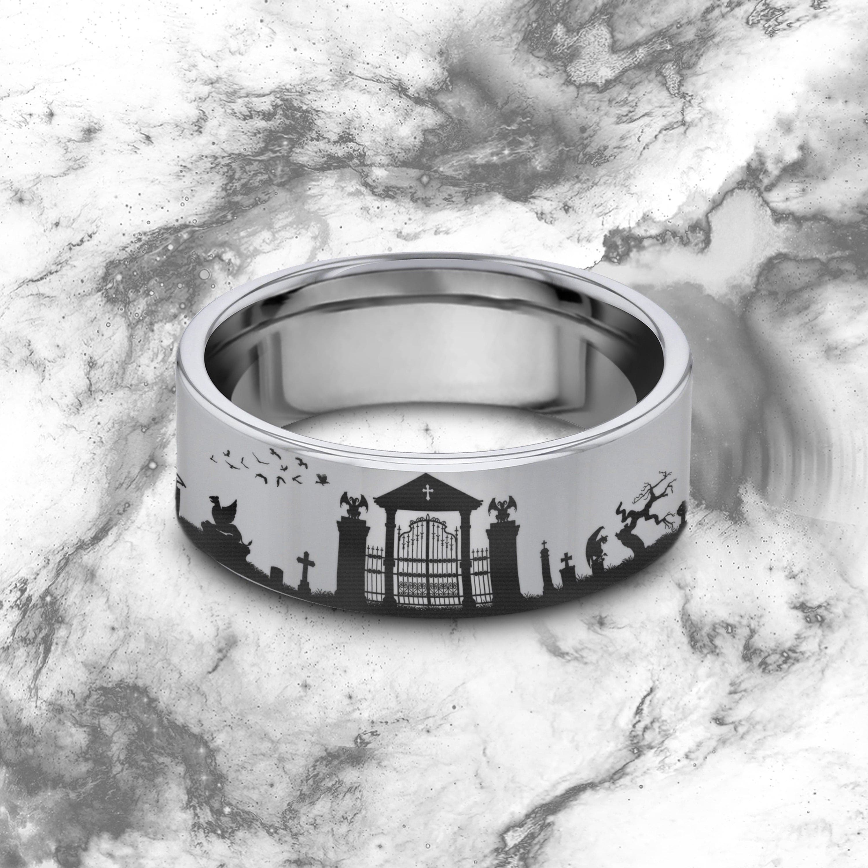 Gothic Wedding Band, Cemetery Wedding Ring, Emo Wedding Gift, Bats Gothic Wedding Band, Cemetery Wedding Ring, Emo Wedding Gift, Bats