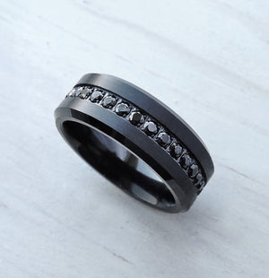 Open image in slideshow, Mens Black Tungsten Ring with black diamonds, Mens Black Diamond Ring, Black Engagement Ring with Black Diamonds - 8mm.
