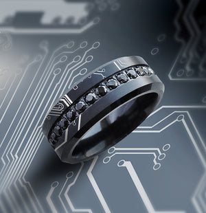 Open image in slideshow, Black Tungsten Black Diamond Wedding Ring with Circuit Board Engraving, Circuit Ring, Computer Science Jewelry, Black Diamond Ring - 8mm.
